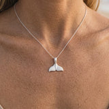 Precious Silver 16mm Whale Saw Tail Pendant — worn on model (blonde, view 4)