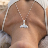 Precious Silver 16mm Whale Saw Tail Pendant — worn on model (blonde, view 4)