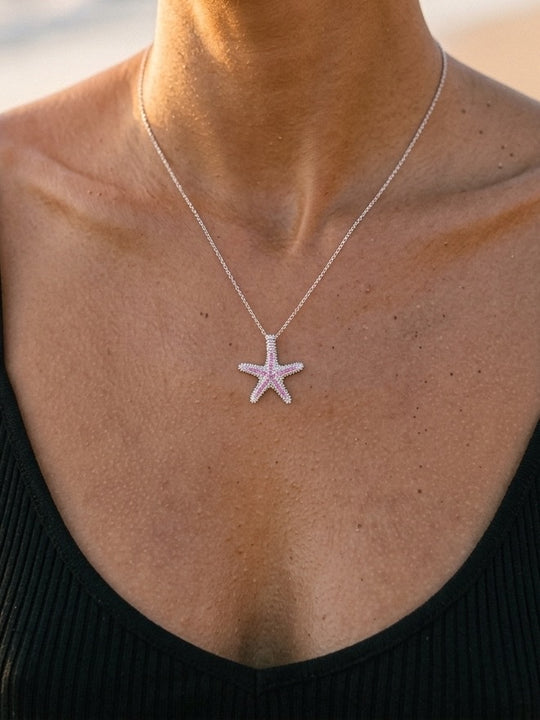 Precious Silver 22mm Starfish Pendant with 26 Pink Sapphires