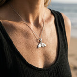 Precious Silver 20mm Whale Saw Tail Pendant — worn on model (blonde, view 4)