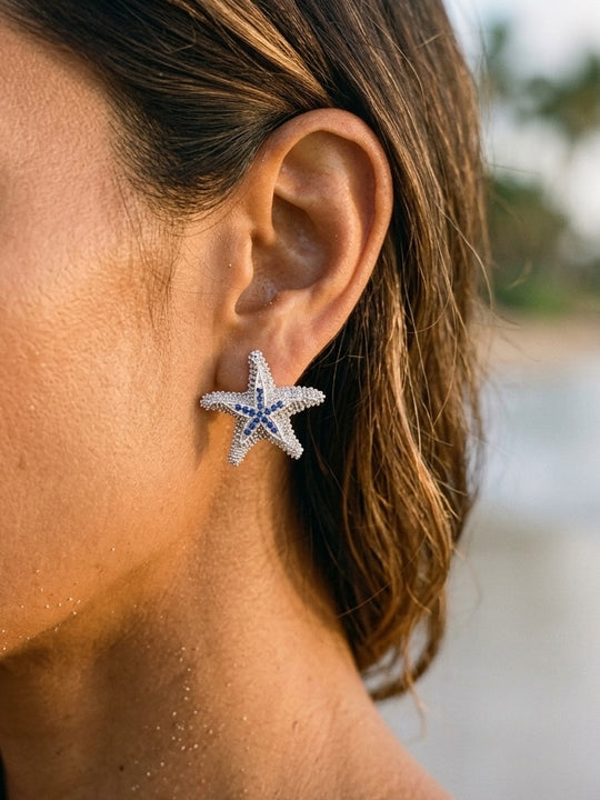 Precious Silver 18mm Starfish Earrings with 32 Blue Sapphires