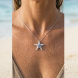 Precious Silver 18mm Starfish Pendant with 16 Blue Sapphires — worn on model (blonde, view 4)