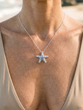 Precious Silver 18mm Starfish Pendant with 16 Blue Sapphires — close-up on model