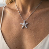 Precious Silver 18mm Starfish Pendant with White Sapphire — worn on model (blonde, view 4)