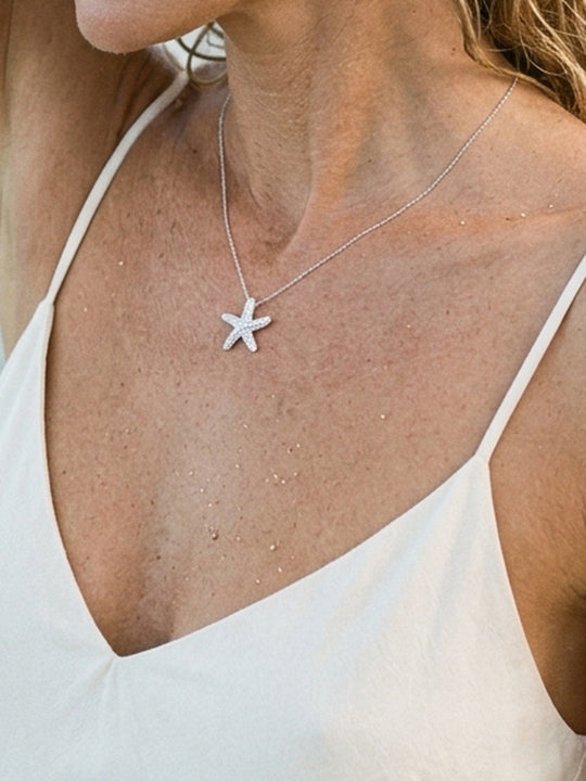 Precious Silver 18mm Starfish Pendant with White Sapphire