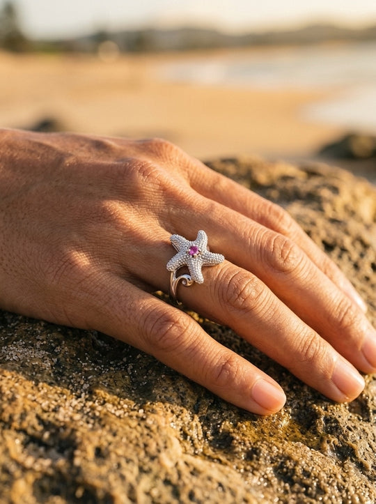 Precious Silver 18mm Starfish Ring with Pink Sapphire