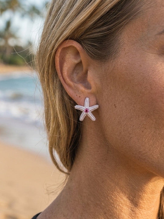 Precious Silver 18mm Starfish Post Earring with 2 Pink Sapphire