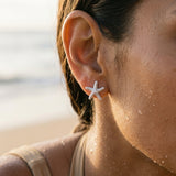Precious Silver 18mm Starfish Earring with 2 White Sapphire — worn on model (brunette, view 4)