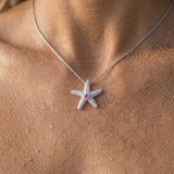 Precious Silver 18mm Starfish Pendant with Pink Sapphire — worn on model (blonde, view 4)