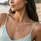 14k Yellow Gold "Pineapple" Pendant with 22 Yellow Sapphires — worn on model (brunette, view 4)