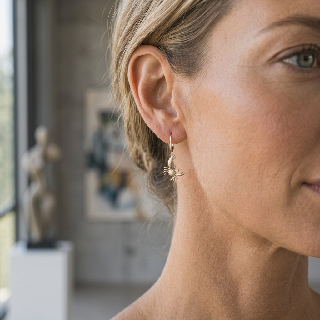 14k 17mm Crab Earrings with 6 Diamonds — worn on model (blonde, view 2)