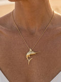14k 40mm Blue Marlin Pendant with 2 Diamonds — close-up on model