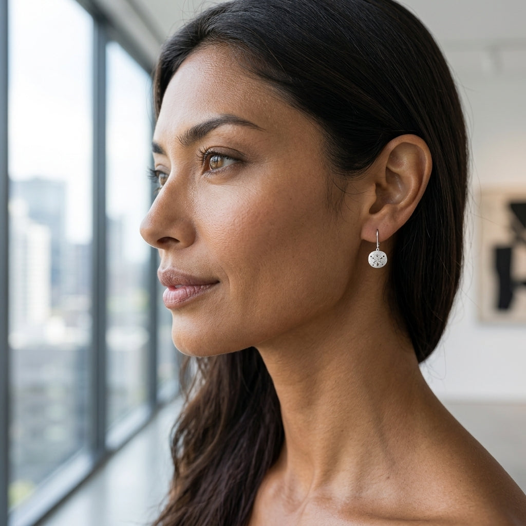 10mm 14k Sand Dollar Earring with 10 diamonds — worn on model (brunette, view 2)