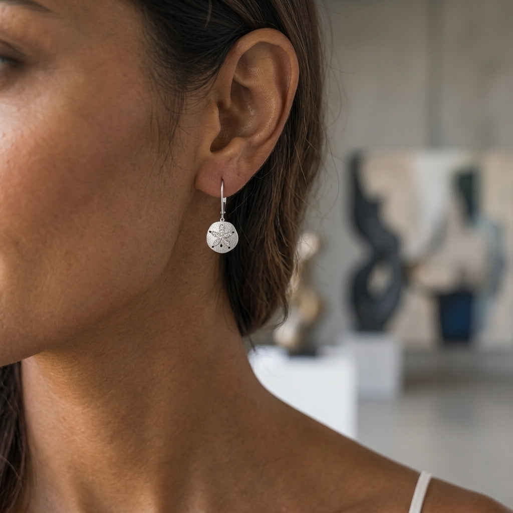 14k 12mm Sand Dollar Earring with Diamonds — worn on model (brunette, view 2)