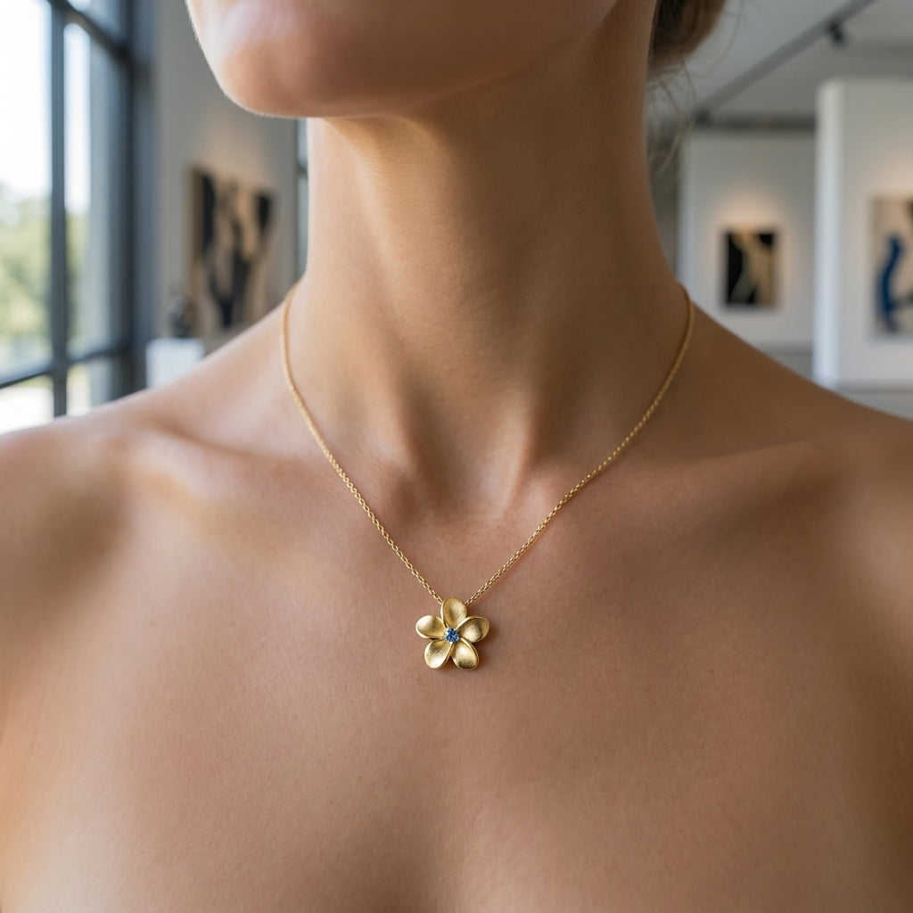 14k 8mm Plumeria Slide with Blue Diamond — worn on model (blonde, view 2)