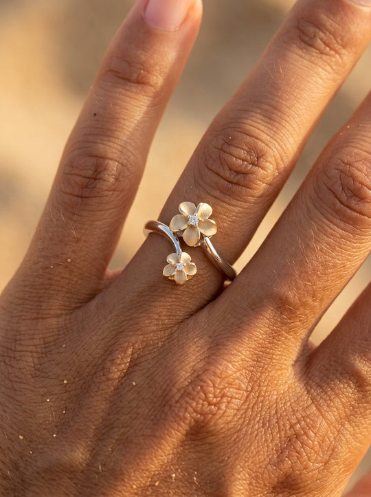 14k 2/tone 6 & 8mm "HANG 5" Plumeria Ring with 2 diamonds