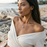 14k 2/tone Lobster Pendant with 2 Diamonds and 16 Pastel Pink Sapphires — worn on model (brunette, view 3)