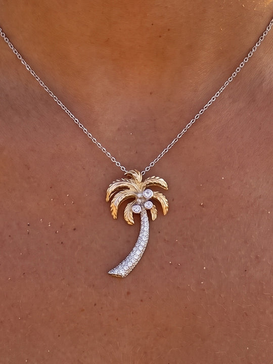 14k 2/tone 30mm Single Palm Tree Pendant with 41 Diamonds
