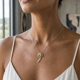 14k 2/tone 30mm Single Palm Tree Pendant with 41 Diamonds — worn on model (brunette, view 1)