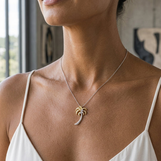 Colgante de una sola palmera de 14k 2/tono 30 mm con 41 diamantes