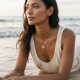14k 2/tone Shell Pendant with 48 Colored Sapphires — worn on model (brunette, view 2)