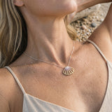14k 2/tone Shell Pendant with 64 Colored Sapphires — worn on model (blonde, view 4)