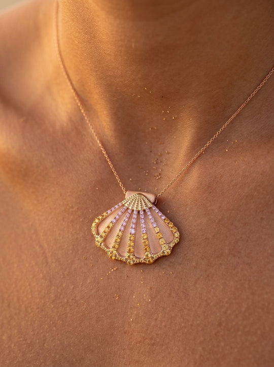 14k 2/tone 30mm Shell Pendant with 78 Colored Sapphires