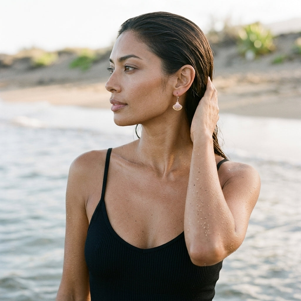14k 2/tone Shell Earring with 96 Colored Sapphires — worn on model (brunette, view 1)