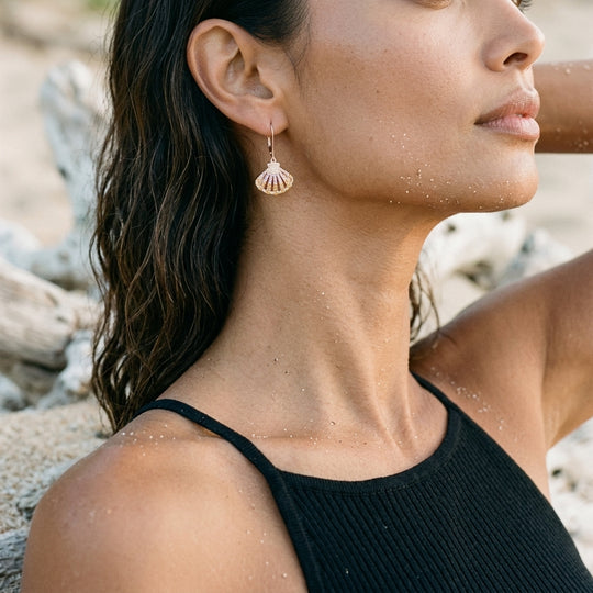 Earring de shell de 14k 2/tono con 96 zafiros de color