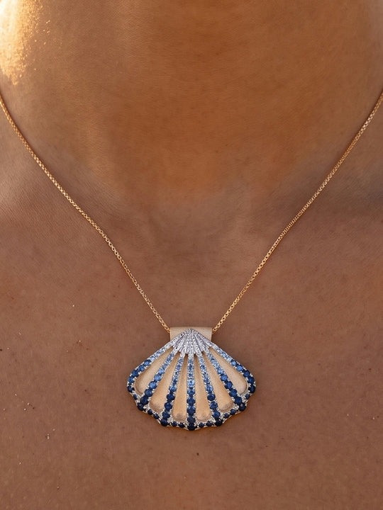 14k 2/tone 30mm Shell Pendant with 7 White Sapphires and 74 Blue Sapphires