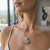 14k 2/tone 30mm Shell Pendant with 7 White Sapphires and 74 Blue Sapphires — worn on model (blonde, view 2)