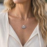 14k 2/tone Shell Pendant with 7 White Sapphires and 57 Blue Sapphires — worn on model (blonde, view 4)
