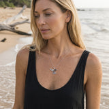 14k 2/tone Hummingbird Pendant with Diamond and 27 Blue Sapphires — worn on model (blonde, view 2)