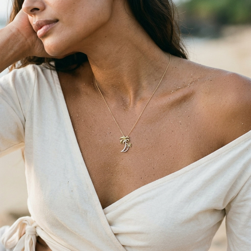 14k 2/tone Double Palm Tree Pendant with 4 Diamonds — worn on model (brunette, view 3)
