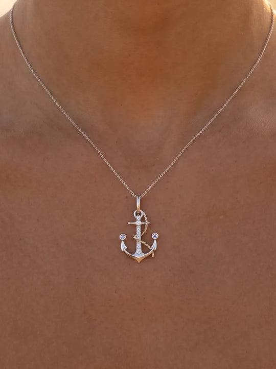 14k 2/tone 20mm "ANCHOR" Pendant With 2 Tanzanite and 8 Diamonds