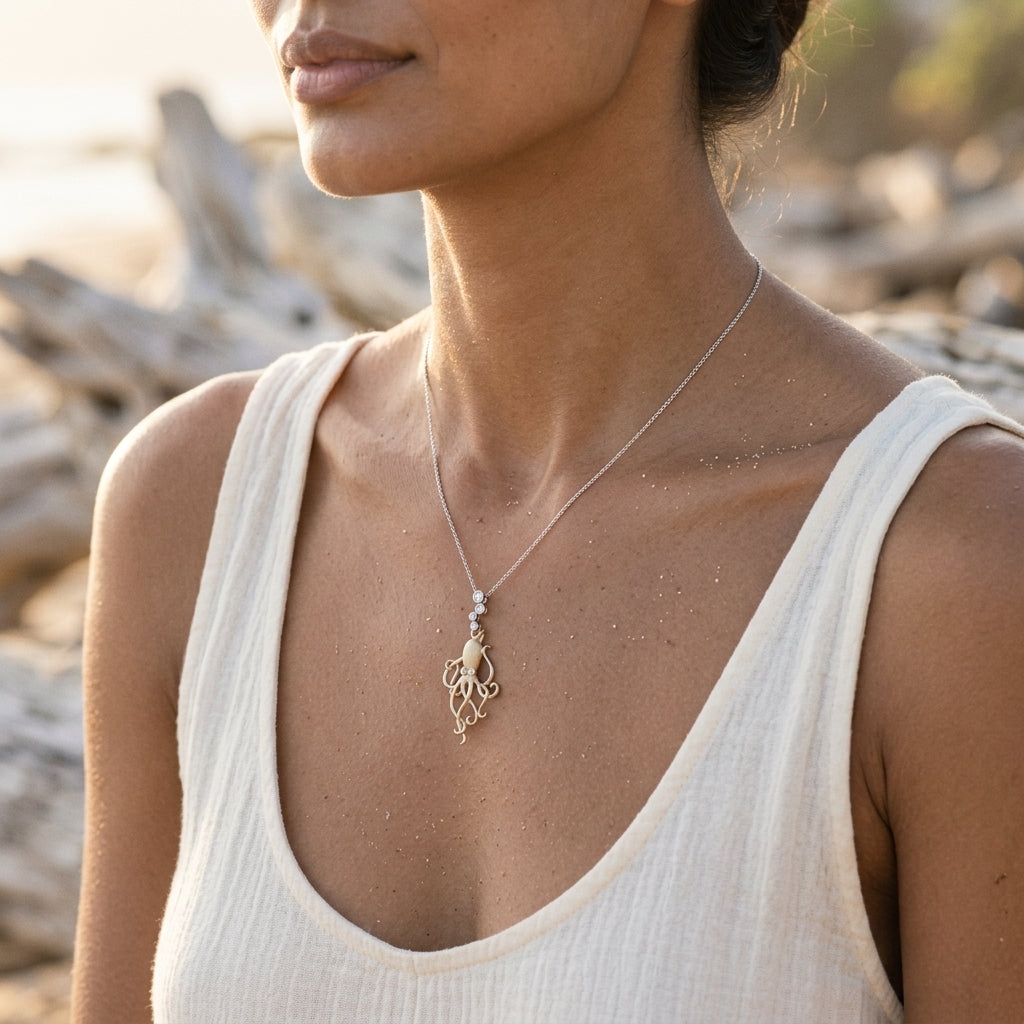 14k 2/tone Octopus Pendant with 6 Diamonds — worn on model (brunette, view 3)