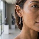 14k 2/tone "ANCHOR" Dangle Leverback Earrings With 18 Diamonds and 4 Tanzanites — worn on model (brunette, view 2)