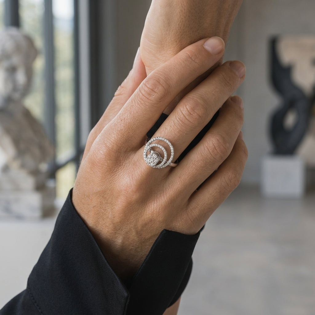 14K WHITE GOLD DOUBLE CIRCLE SPINNER RING WITH 0.49CTW — worn on model (blonde, view 3)