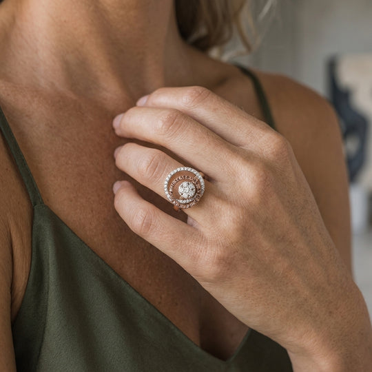 14K ROSE AND WHITE GOLD DOUBLE SPINNER RING WITH 0.35CT WHITE DIAMONDS AND 0.14CT BROWN DIAMONDS