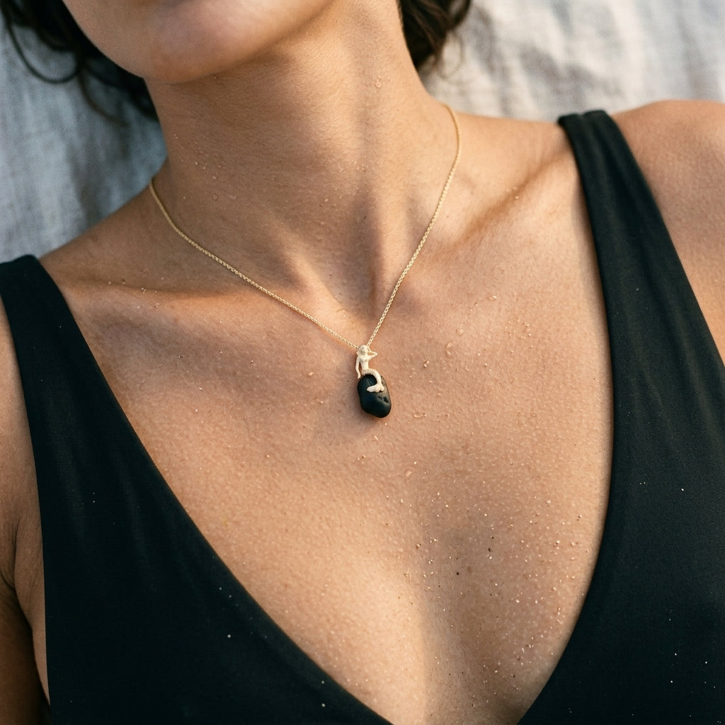 14ky Mermaid Pendant with Black Tourmaline — worn on model (brunette, view 4)