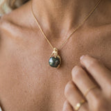14ky Mermaid Pendant with Tahitian Pearl 11mm — worn on model (blonde, view 2)