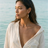 14ky Mermaid Earrings with 2 Blue Topaz .24ct, 2 Moonstones .19ct with Dangle Leverback — worn on model (brunette, view 1)