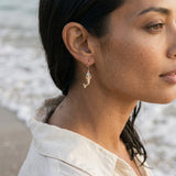 14ky Mermaid Earrings with 2 Blue Topaz .24ct, 2 Moonstones .19ct with Dangle Leverback — worn on model (brunette, view 3)
