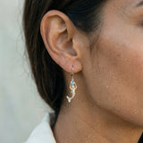14ky Mermaid Earrings with 2 Blue Topaz .24ct, 2 Moonstones .19ct with Dangle Leverback — worn on model (brunette, view 4)