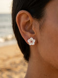 14ky 14mm Mother of Pearl Earrings w/2 Mother of Pearls, 2 Rubies — close-up on model
