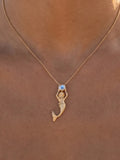 14ky Mermaid Pendant with Moonstone and Blue Topaz — close-up on model