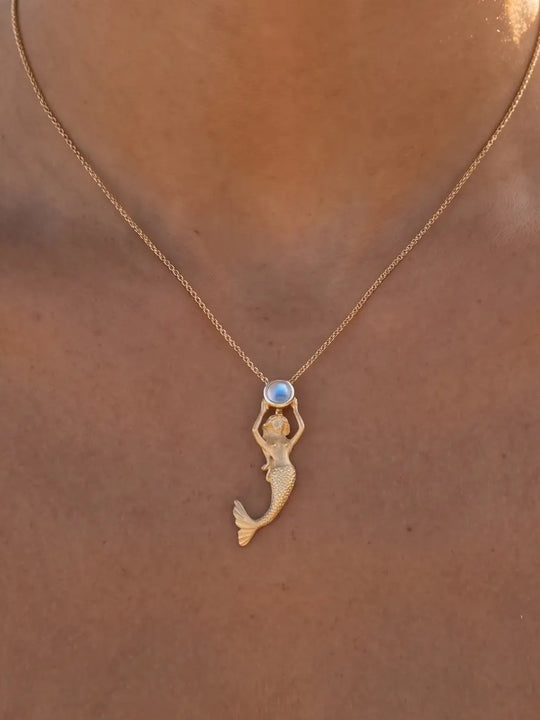 14ky Mermaid Pendant with Moonstone and Blue Topaz