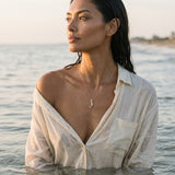 14ky Mermaid Pendant with Moonstone and Blue Topaz — worn on model (brunette, view 1)