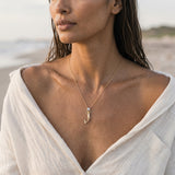 14ky Mermaid Pendant with Moonstone and Blue Topaz — worn on model (brunette, view 3)
