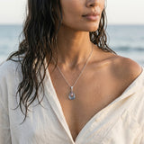 18k 2/Tone Pendant with 4 Diamonds .02ct, Pink Sapphire .11ct, Blue Topaz 3.15ct — worn on model (brunette, view 3)